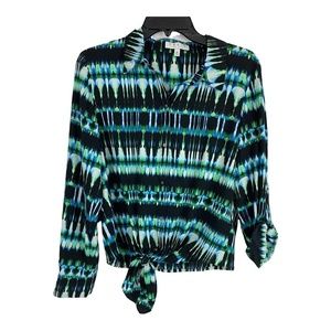 Chaus Womens Shirt Size Medium Black Green Button Long Sleeve Geometric